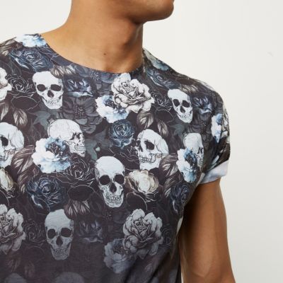 Black faded floral skull print T-shirt